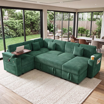  100" U-Shaped Corduroy Sleeper Sectional Sofa Bed with Pull-Out Bed, Storage Chaise, USB Ports and Cup Holders, Green