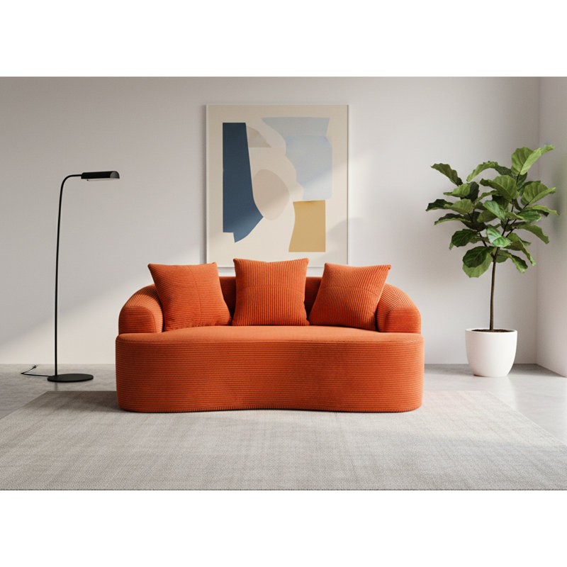 Rouge orange incurvé 65,55 po, coussins à ressorts ensachés, 3 coussins décoratifs, sièges moelleux pour chambre orange, sans assemblage, convient aux petits espaces