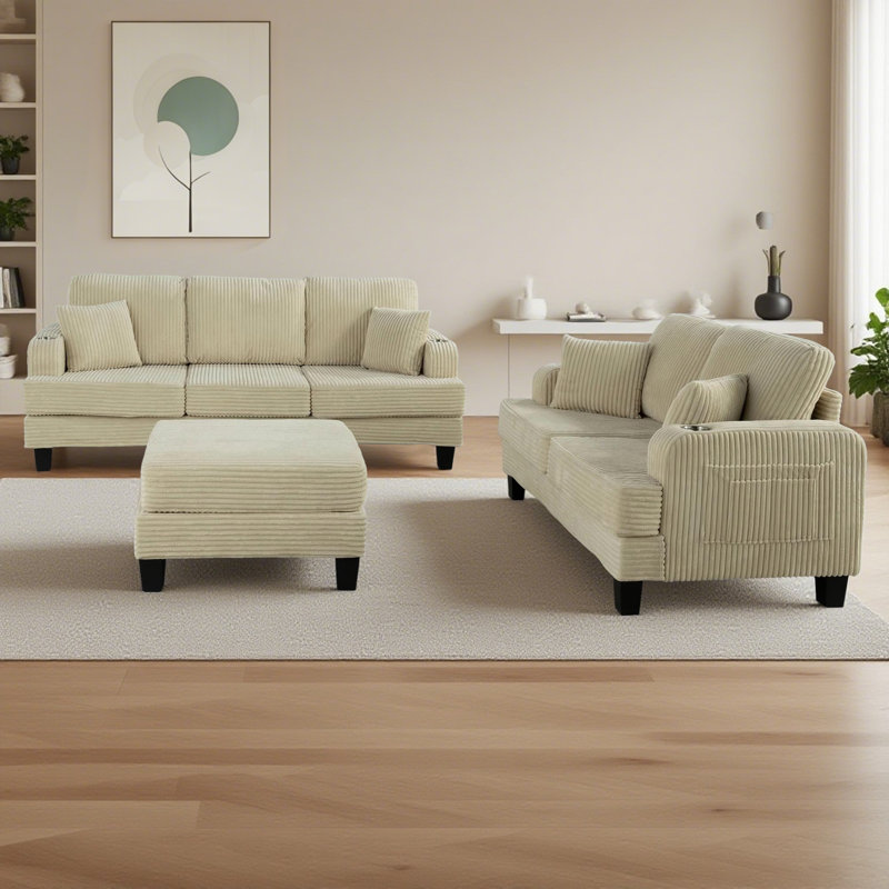 Canapé 3 places avec causeuse Crestline, Velours côtelé beige