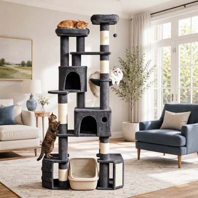 Arbre à chat robuste à plusieurs niveaux avec double base renforcée pour les grands chats adultes et les jeux actifs