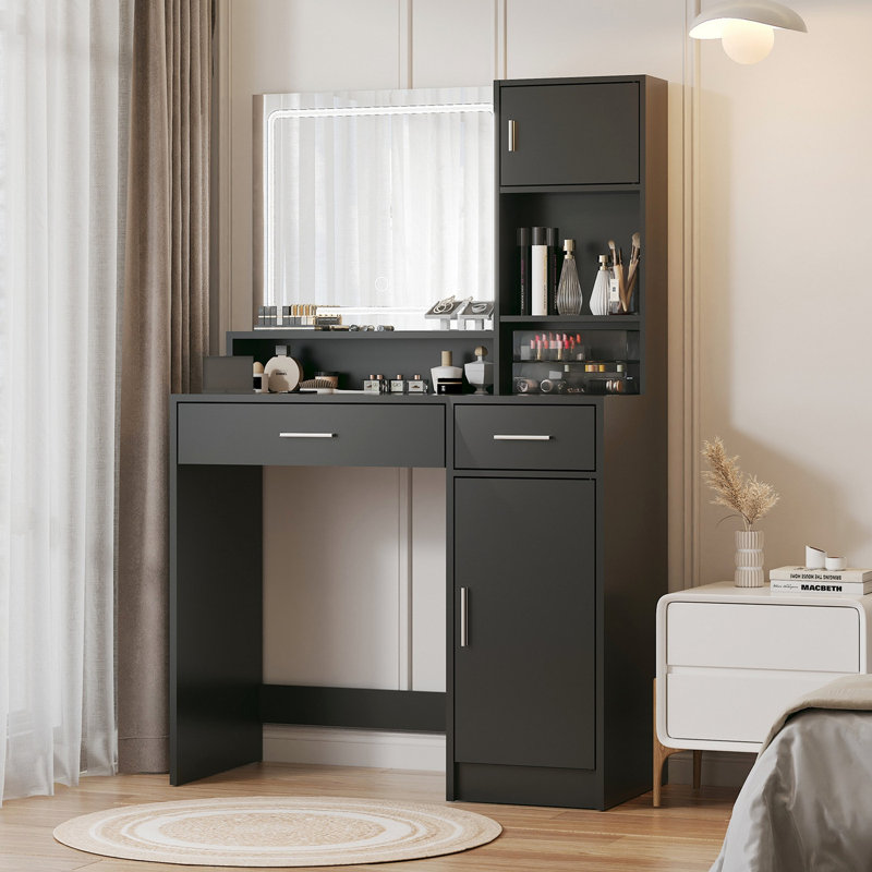 Vanity Desk With Mirror And Led Light Strip,Dressing Table With Large Drawer, 3 Level Storage Dresser & 3 Lighting Modes Adjustable Brightness, Suitable For Bedroom(Black)