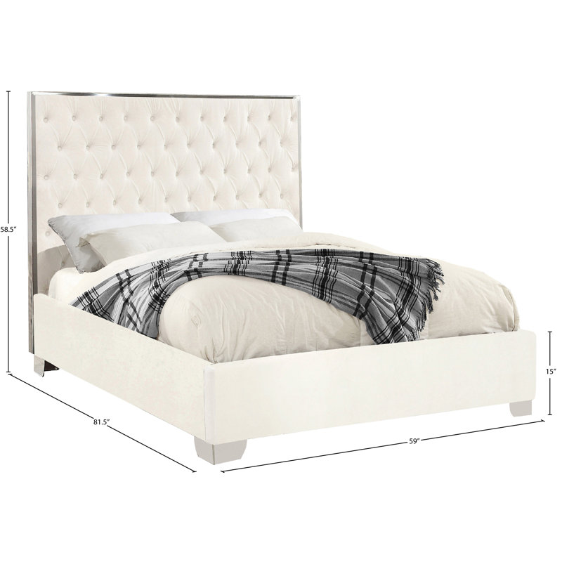 Lit plateforme tapissier capitonné Spadaro, Velours blanc, Argent, Double