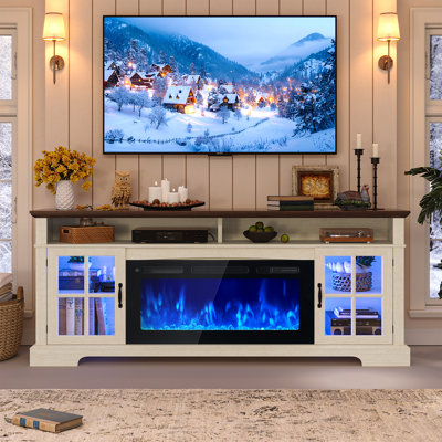 70"W Farmhouse Fireplace TV Stand, Entertainment Center With Adjustable Shelves & Glass Doors, Tv Console With Cable Holes