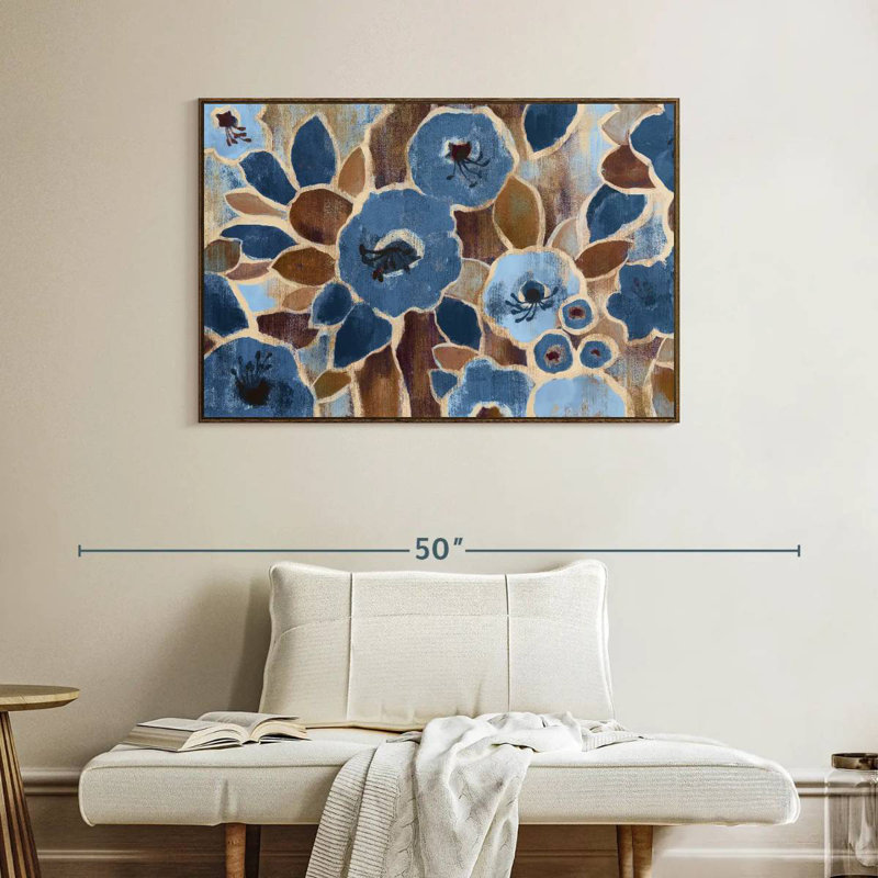 Tapisserie contemporaine bleue, Cadre flottant noyer, 40 po x 27 po