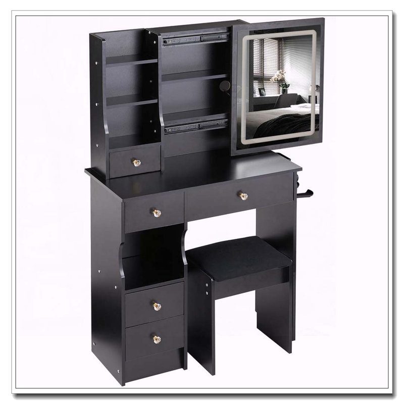 29.2" Small Space Vanity Table with LED Mirror, Power Station, Hair Dryer Bracket and Stool, Black