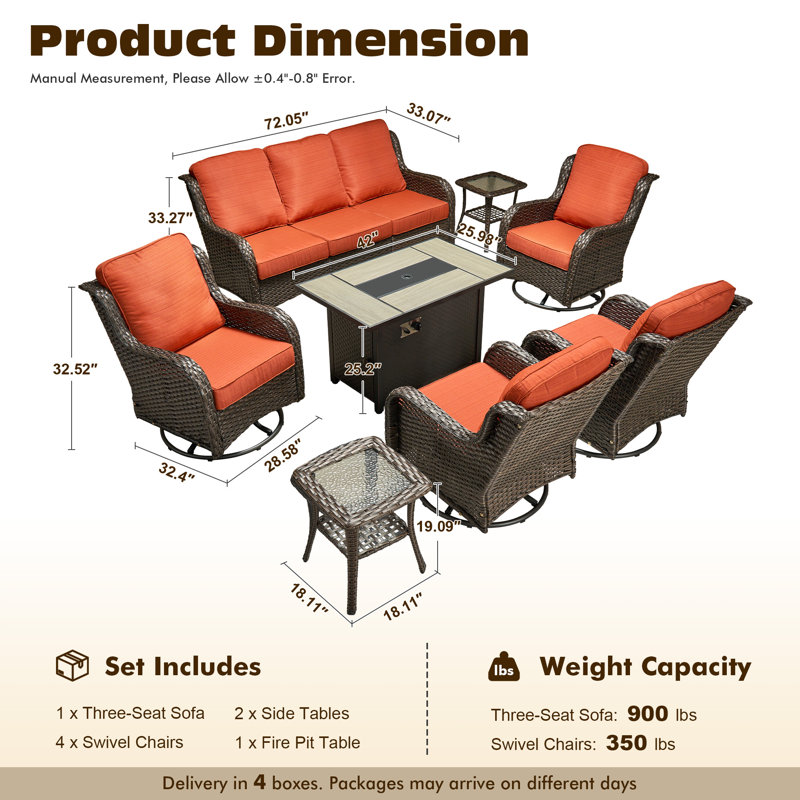 Cracraft 8-Piece All-Weather Wicker Patio Furniture Set With 42” Fire Pit Table, Deep Seating Sofa & Swivel Rocker Chairs For Backyard, Patio & Poolside Evenings