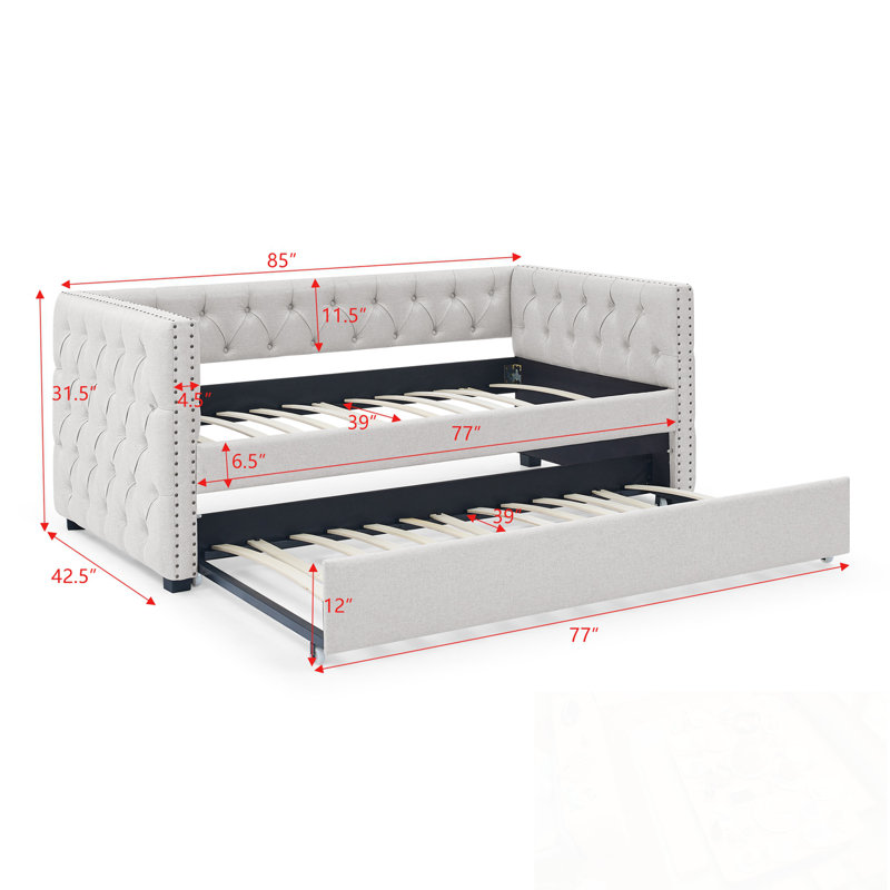 Lit de jour simple avec couchette et clou en cuivre sur accoudoirs carrés, Beige