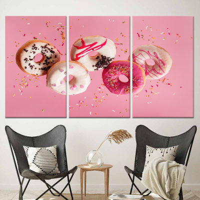 Printed Canvas: Pink Doughnuts Delight - Modern Kitchen Decor Art,3P Wrapped Canvas