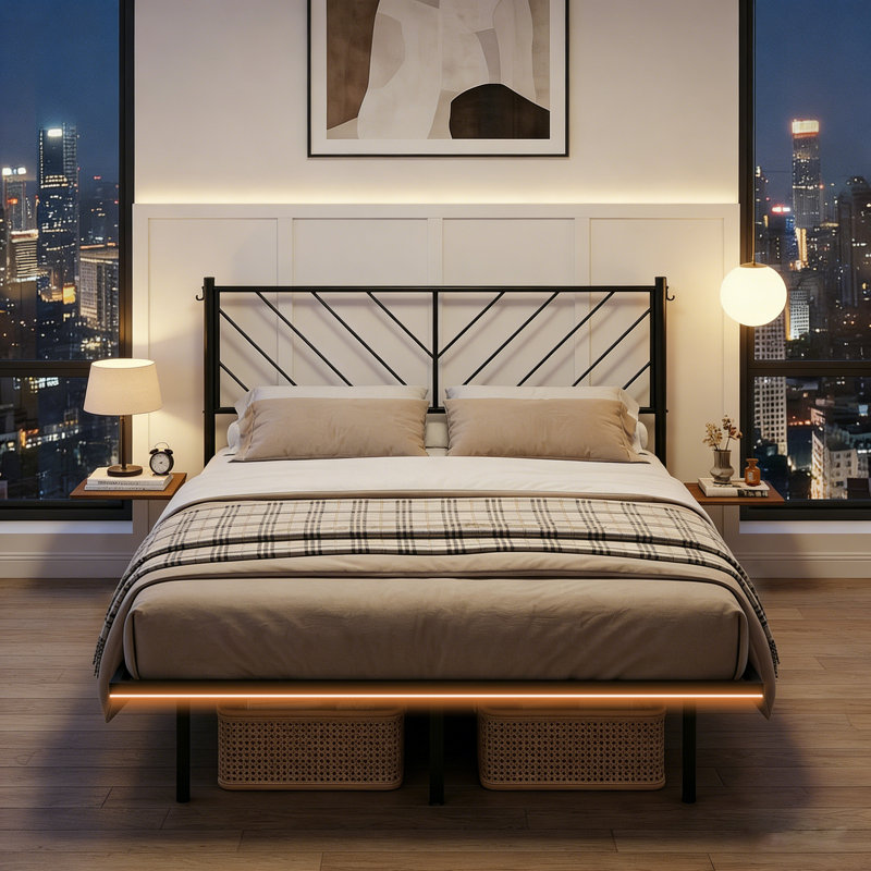 Aether Iron Floating Double Bed Frame with USB-C Charging & Lighting, No Box Spring Needed
