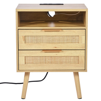Table de chevet en rotin, table de chevet Boho avec tablette ouverte, table de chevet en bois avec table de bout en rotin et pieds en bois massif, table d'appoint en rotin avec station de charge, pour chambre à coucher, bureau et salon