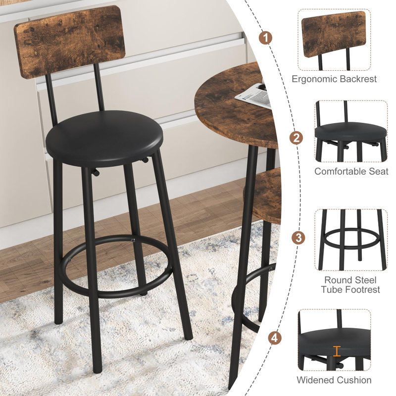 Rustic Brown Round Bistro Bar Table Set with Black Iron Frame