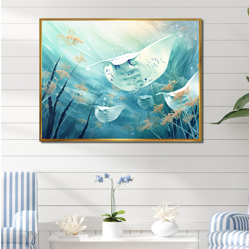 Monochome Manta Rays Dance, reproduction d'art sur toile, H 30 po x l 40 po x P 1,5 po, Cadre flottant doré