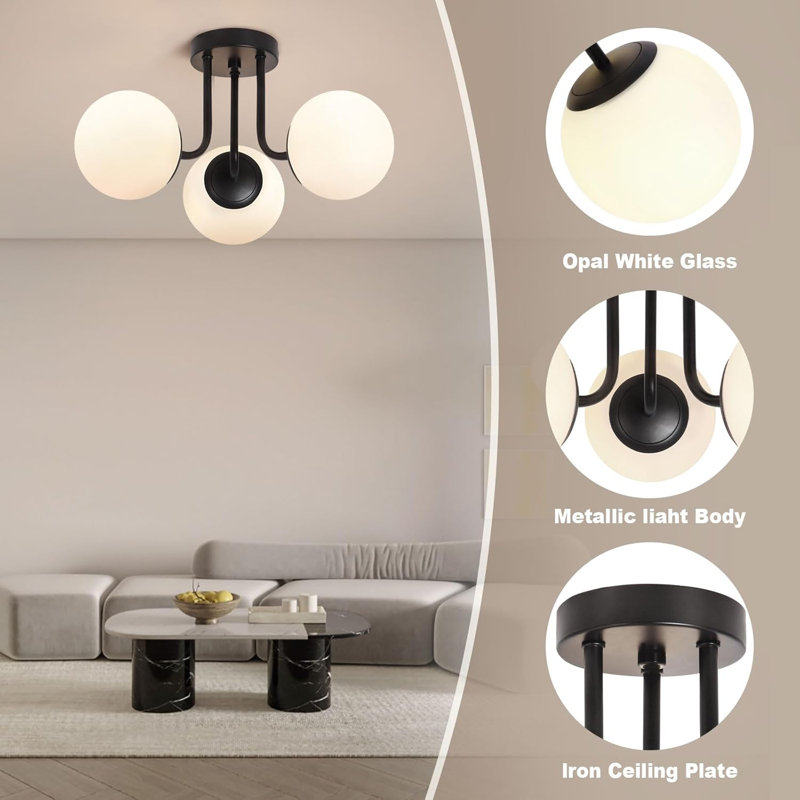Matte Black 3-Light Semi Flush Mount Ceiling Fixture with Milk Glass Globes