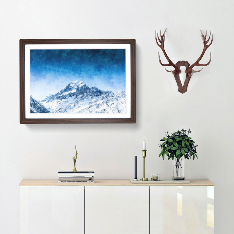 Snow Covered Aoraki Mount Cook - Picture Frame Painting Print, 24cm H x 33cm W x 2cm D, Walnut Framed