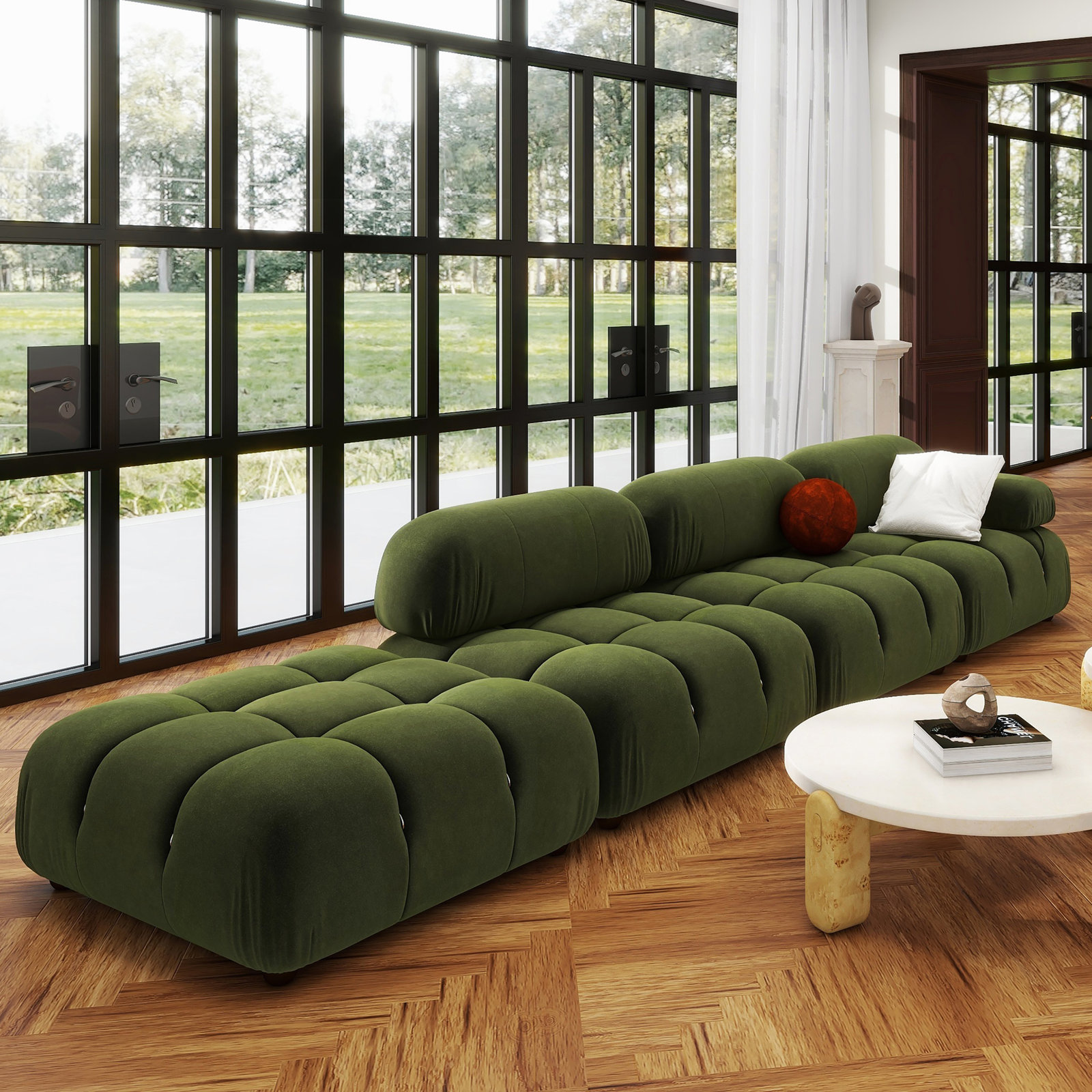 Sigma Upholstered Chaise Lounge, Olive Green Velvet