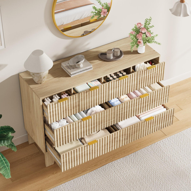 Commode 8 tiroirs 47 po avec façade cannelée et poignées dorées 47 po
