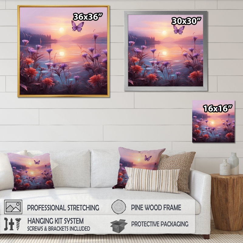 Coucher de soleil rose avec papillon rose, H 16 po x l 16 po x P 1 po, Cadre simple noir