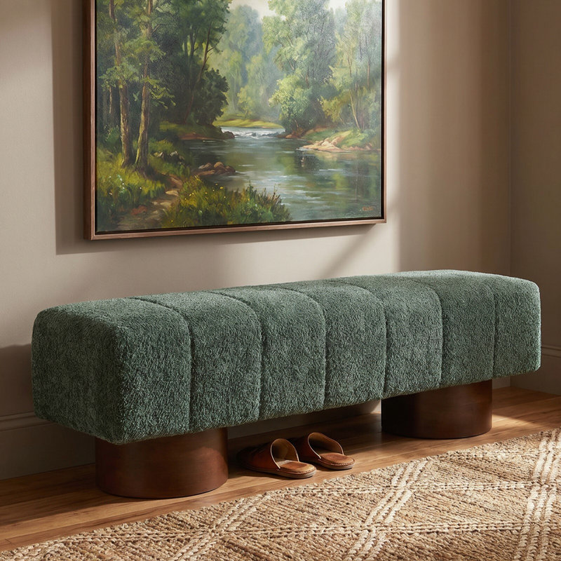 Banc de salle à manger rembourré Green Boucle, structure en caoutchouc et contreplaqué, banc décoratif moderne de L 61,02 po, capacité de 250 lb