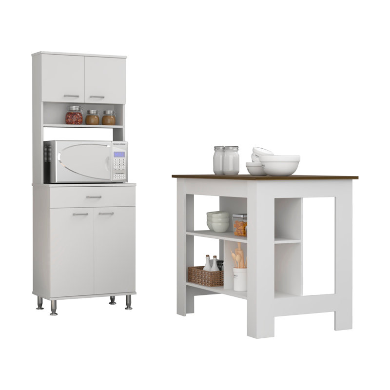 Ensemble de cuisine 2 pièces, îlot de cuisine + garde-manger, Blanc / noyer