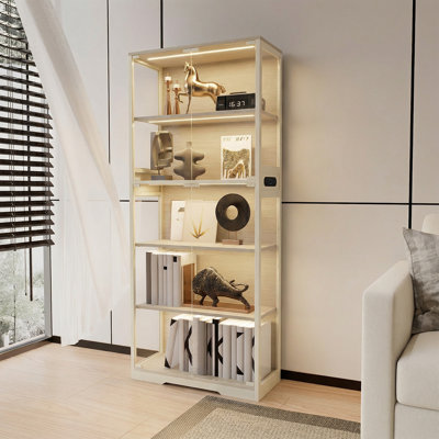 5 Tier Glass Display Cabinet, Curio Cabinet, Dining Cabinet, Bookcase With Adjustable LED Lights, Human Sensor