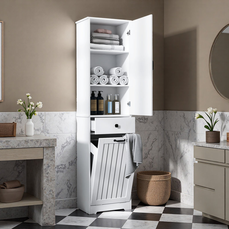 White Laundry Cabinet With Storage Drawer & Removable Laundry Bags, Freestanding Organizer For Bathroom Or Laundry Room