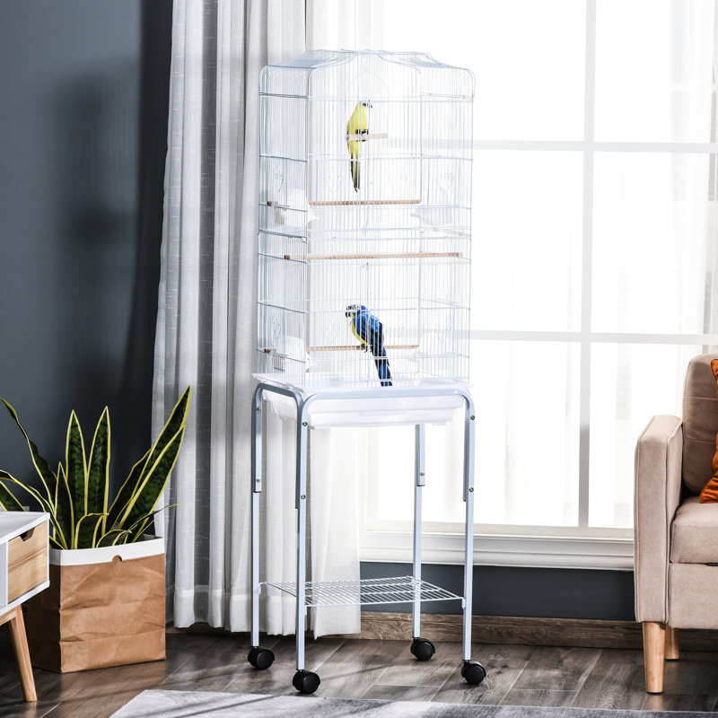 Ensemble de cage à oiseaux 60 po en métal avec support, blanc. Espace spacieux pour les perroquets. Portes faciles d'accès. Matériau. Nettoyage simple. Roues silencieuses portatives, roulantes, amovibles, petits oiseaux spacieux. Accès pratique.