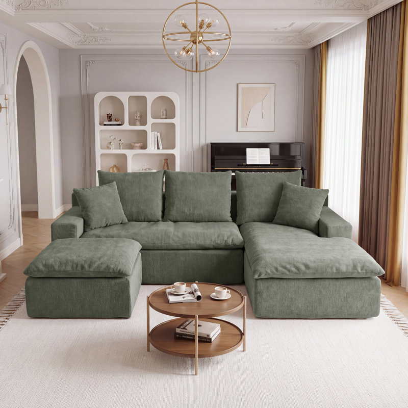 Pouf modulaire à compression pour canapé d'angle, repose-pieds moderne en chenille avec ressorts ensachés, livré en rouleau, sans montage, vert