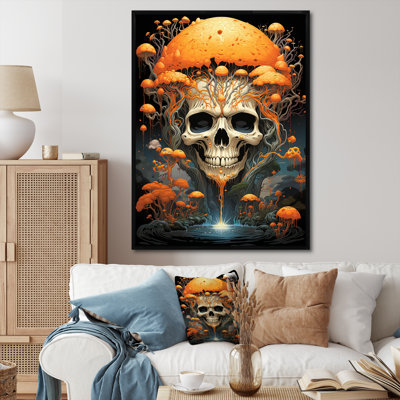 Tête de mort souriante, champignons orange, Halloween I - impression