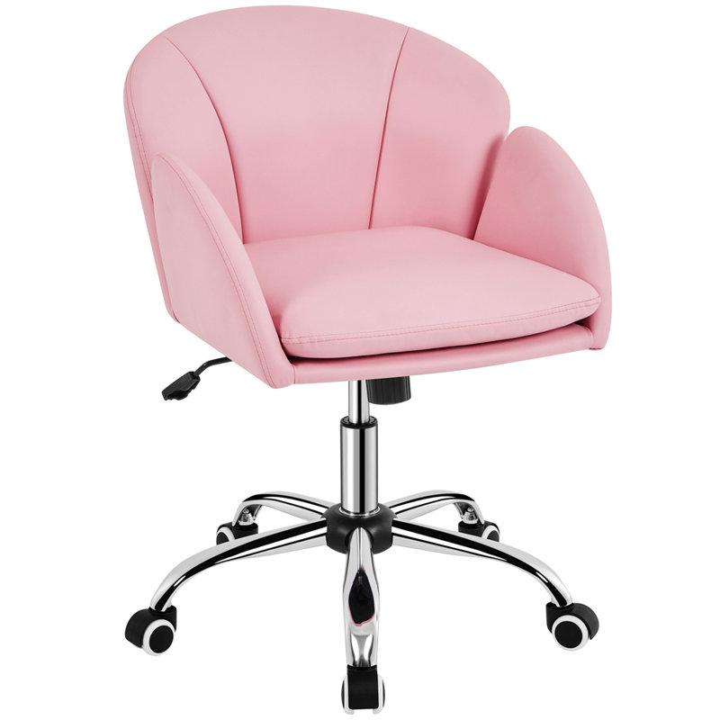 Desk Chair With Petal-shaped Backrest, Simple Pink Faux Leather