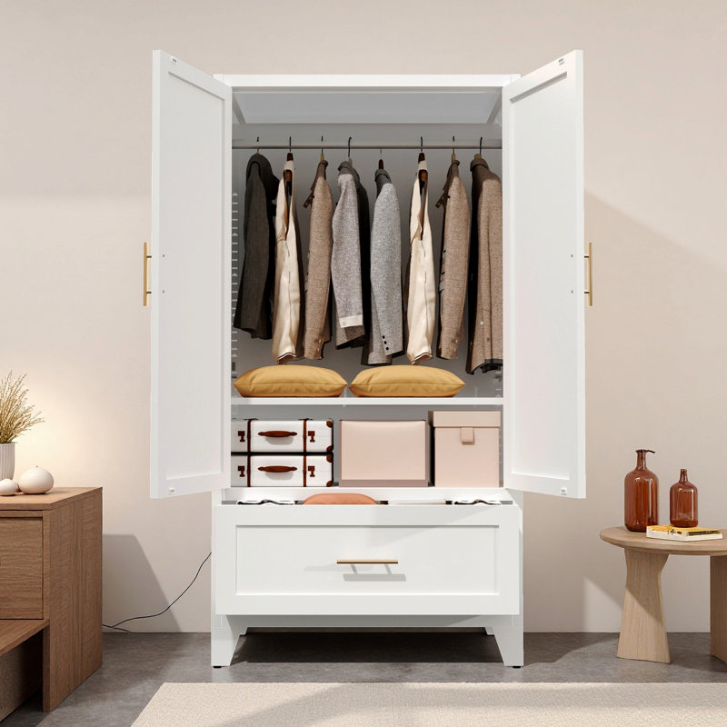 60" Tall Metal Wardrobe Cabinet With 1 Drawer And Hanging Rod, 2 Doors Wardrobe Closet With Shelf For Bedroom, Office, Laundry Room,Entryway ,Foyer,Guesthouse (White)