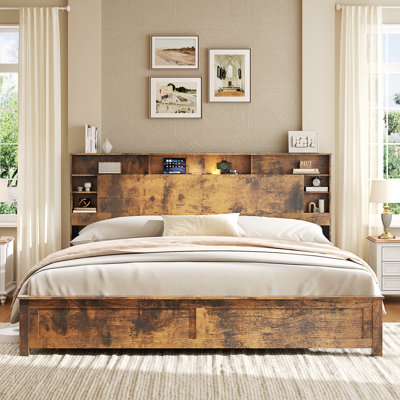 King Size Bed Frame with Storage Headboard, Wood Platform Bed Frame with Charging Station, LED Lights & Bookcase, No Box Spring Needed, Dark Brown
