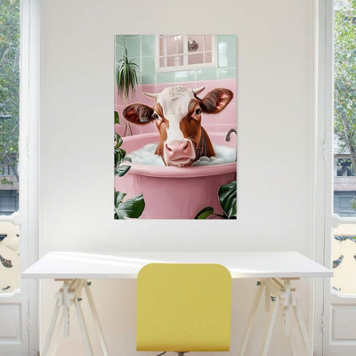 Cow In Pink Bathtub Unframed Canvas Wall Art  24" X 36"