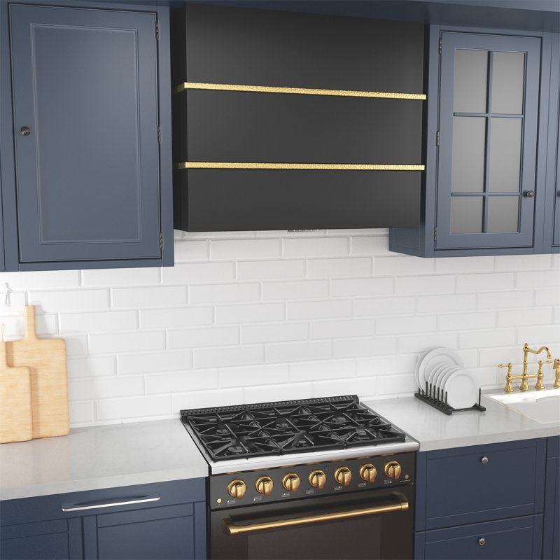 Akicon Stainless Steel 600 CFM Ducted (Vented) Wall Mounted Required Range Hood, Black/Gold