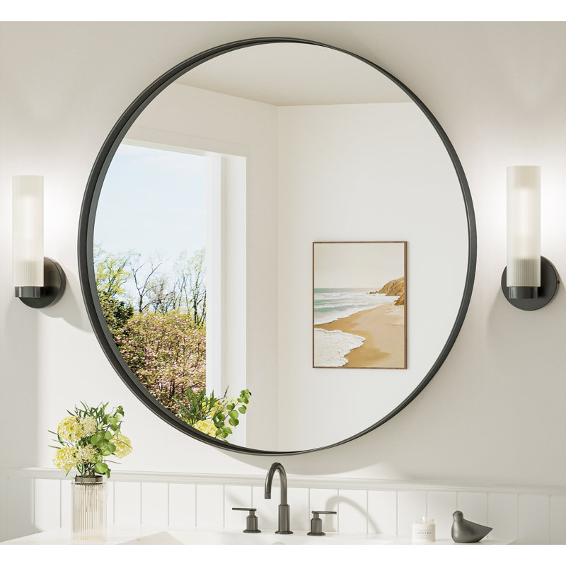 Valancia Round Bathroom Mirror with Aluminum Frame, Tempered Glass, 36" x 36", Black
