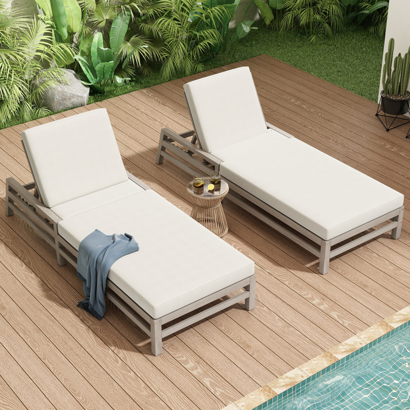 5-Position Adjustable Outdoor Chaise Lounge Set of 2, Solid Wood Patio Recliner Chair with Thick Cushions, Weather-Resistant for Pool, Balcony & Garden