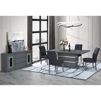 Title Rectangular Dark Gray Dining Table And 4 Chair With Solid Wood+, Pedestal Base, Glitter Detailing High Gloss
