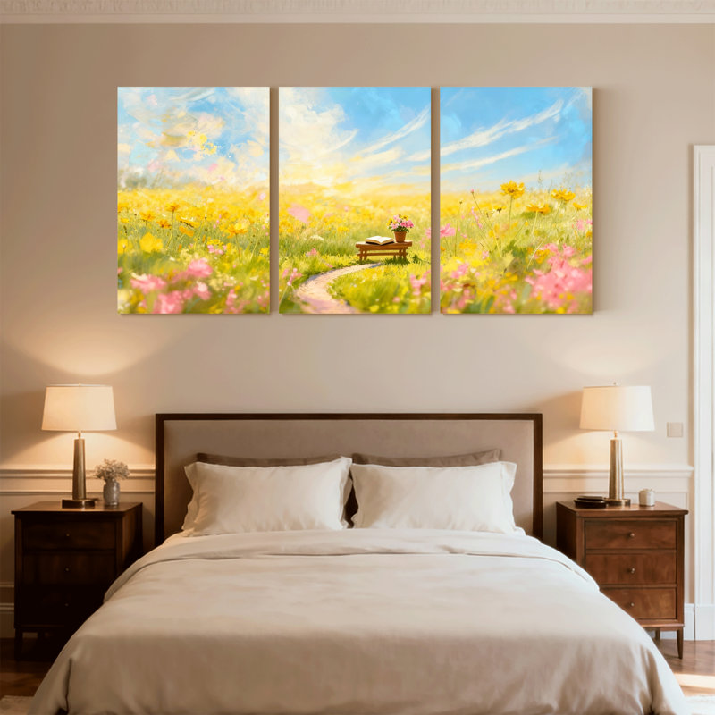 Assortiment de bouquets de fleurs, banc de champ de chemin de ciel, lumière du soleil, ensemble de 3 reproductions d'art sur toile