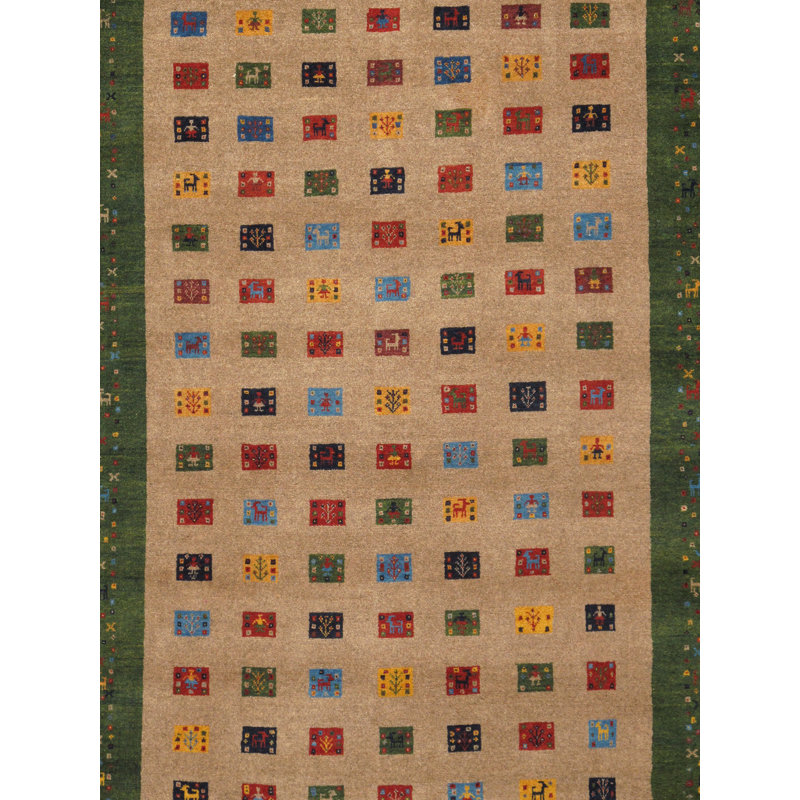 Tapis unique en laine noué à la main brun clair / rouge / vert de 5 pi 1 po x 7 pi 2 po Tribal
