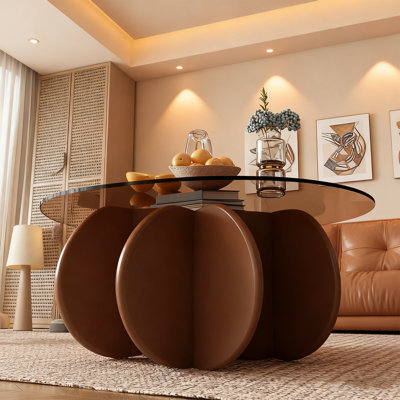 Table basse ronde en verre trempé de 31,5 po, table basse moderne de style Mid-Century avec base en bois massif en forme de fleur, table centrale décorative d'une capacité de poids de 170 lb pour le salon, le petit appartement et le bureau personnel