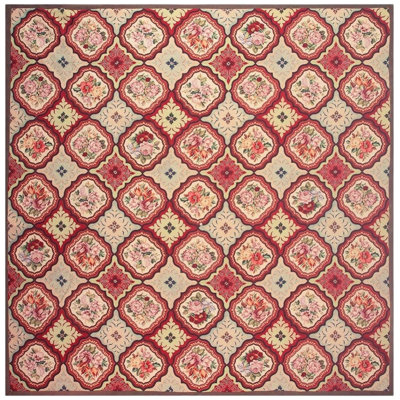 1880s Multicolor Floral Classical Antique European Needelpoint Wool Square Rug 11'0" x 12'0" Area Rug