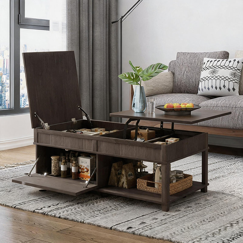 Table basse à plateau relevable avec compartiment caché, tablette ouverte et bureau réglable, Gris