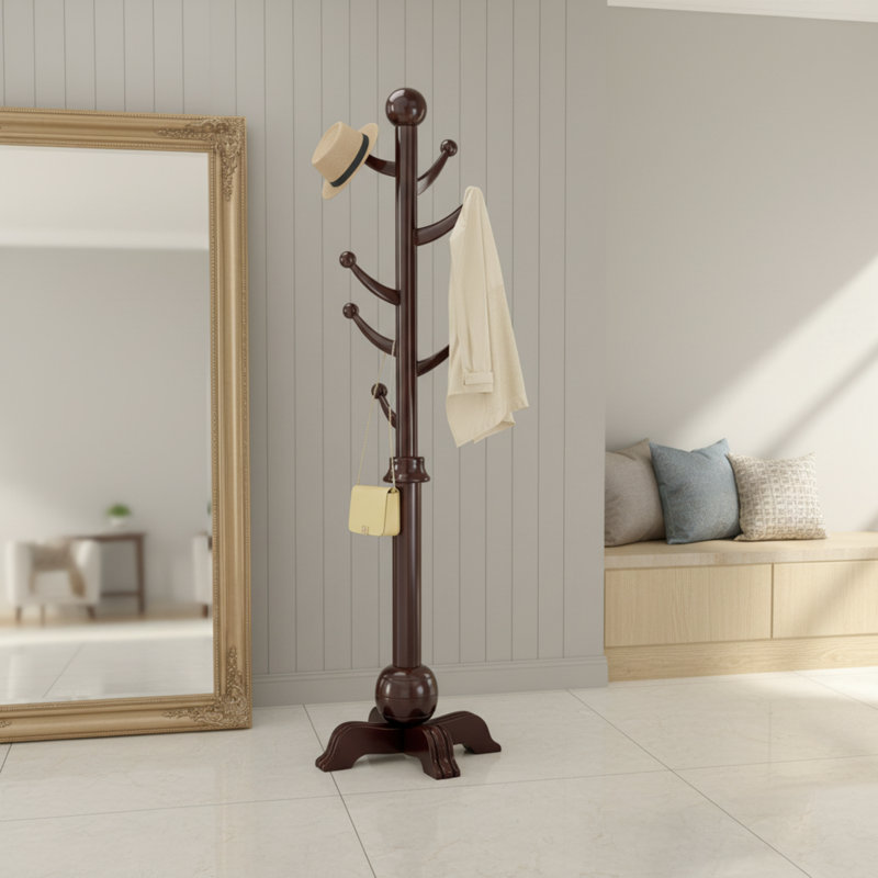 Black Floor-Standing Wooden Coat Rack, 7 Hooks + Spherical Base, 210 Lbs Weight Capacity, Suitable For Entryway/Hallway/Bedroom.