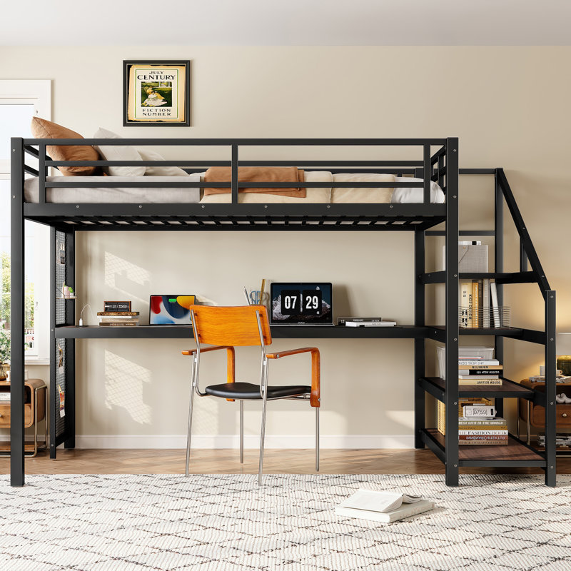 Lit mezzanine simple en métal noir avec bureau, escalier de rangement, lumières DEL et USB pour petits espaces