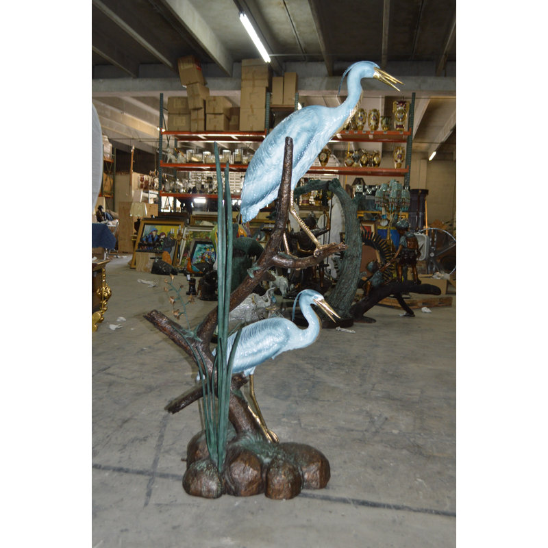 Large Bronze Heron Fountain Statue with Green Patina Finish