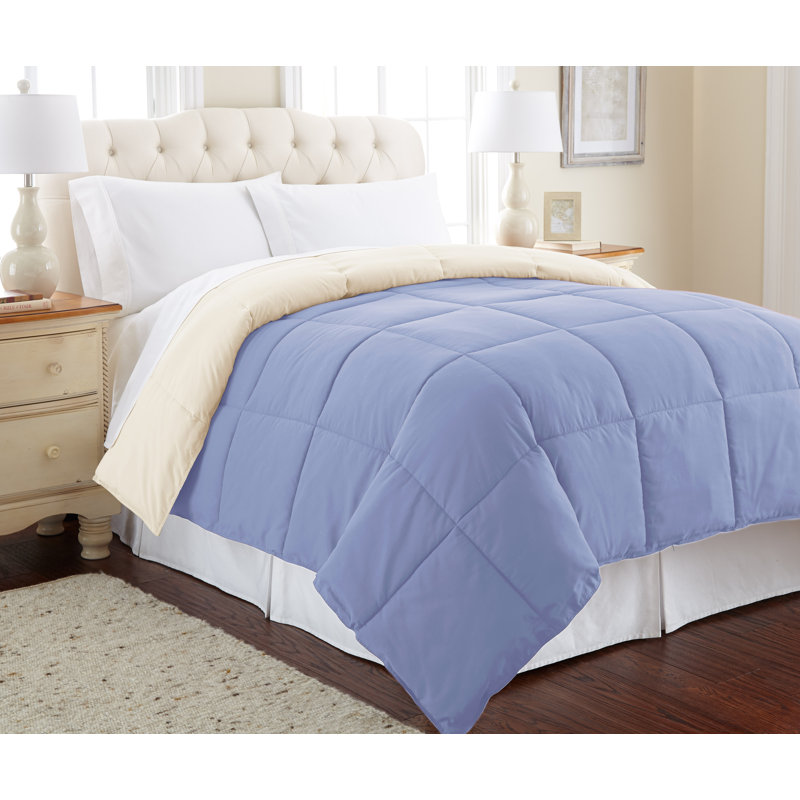 Queen Blue and Cream Microfiber Reversible Down Alternative Comforter Set