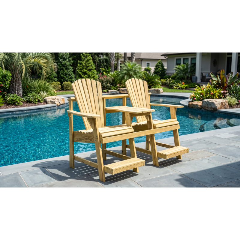 Adirondack Balcony/Pub Double Seater with Built in Table and Footrests – Has 1-5/8” Umbrella Hole and  Elevated Seating for Deck, Porch & Balcony Railings. Solid Pressure Treated Wood – Made in the USA