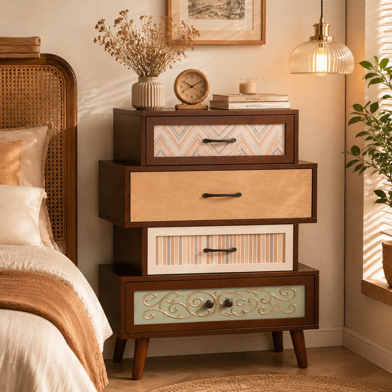 Commode éclectique moderne à 4 tiroirs avec façades à motifs - Armoire de rangement décorative