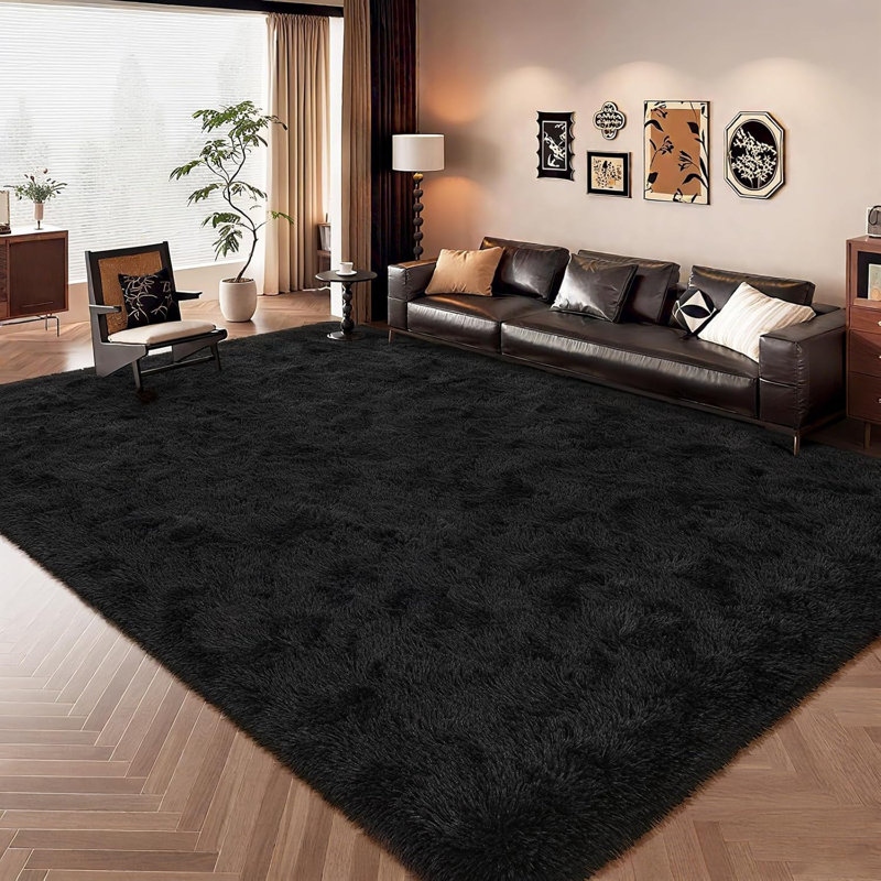 Tapis à poil long Shahen, Rectangle 9 pi x 12 pi, Noir