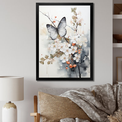 Keishasha, art asiatique, papillon blanc et gris sur toile