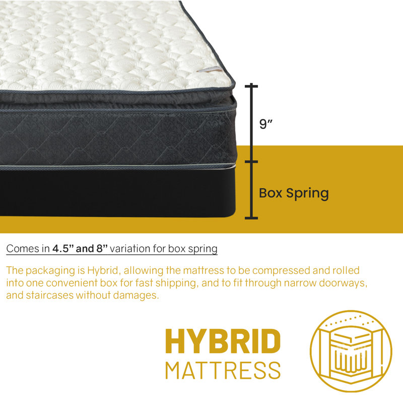 Bondville 9" Medium Firm PillowTop Single Sided Hybrid Mattress with Unassembled Box Spring, Queen, High Profile